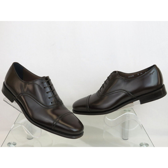 NIB FERRAGAMO SEUL DARK BROWN POLISHED LEATHER CAP TOE LOGO OXFORDS 10 D main image 12